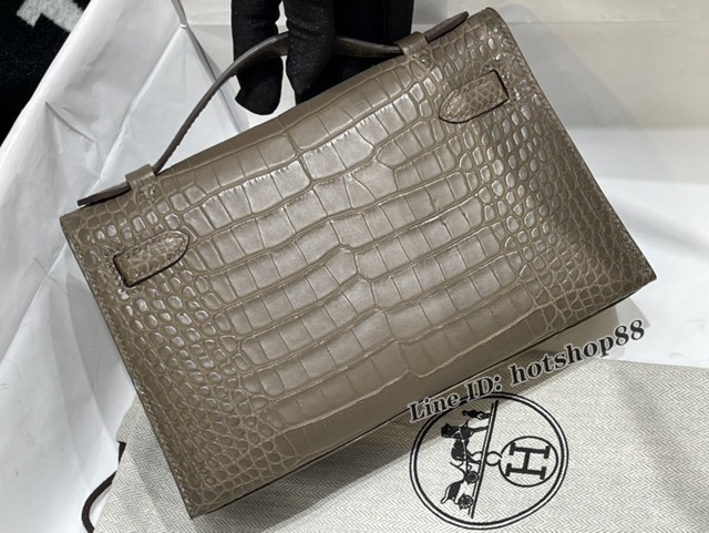 Hermes專櫃經典款凱莉mini手提女包 愛馬仕Kelly一代22CM霧面美洲鱷大象灰金扣純手工包 zhh1139